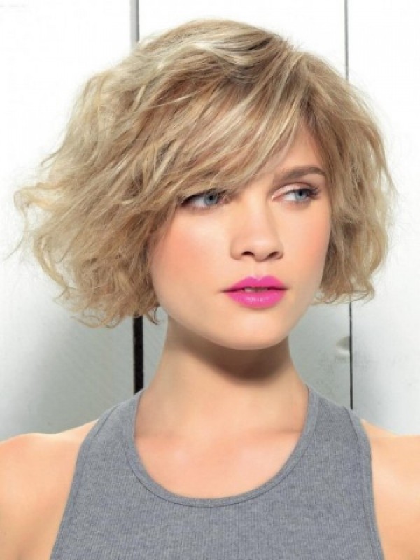 Bob Stijl Blonde Capless Mensenhaar Golvende Pruiken Met Pony Aan De Zijkant 10 Inch