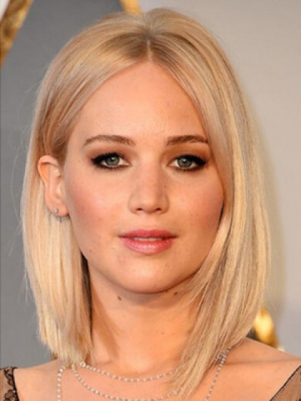 Middellange Blonde Middenscheiding Rechte Mensenhaar Pruiken 12 Inch