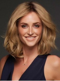 Middenscheiding Blond Golvend Medium Lace Front Remy Mensenhaar Pruiken 14 Inch