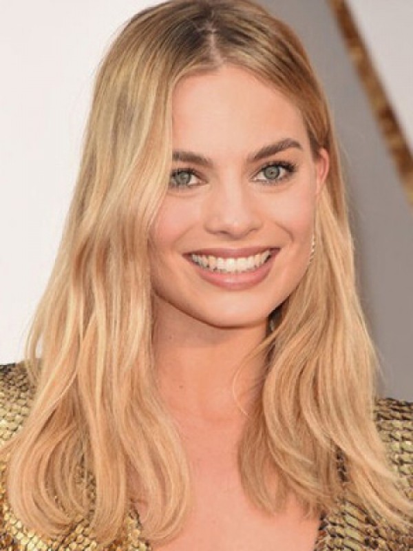 Blonde Lange Golvende Pruiken Van Echt Haar Met Middenscheiding 18 Inch