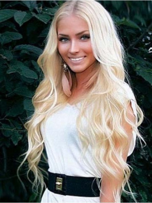 Centrale Scheiding Blonde Lang Golvend Remy Mensenhaar Capless Pruiken 26 Inch