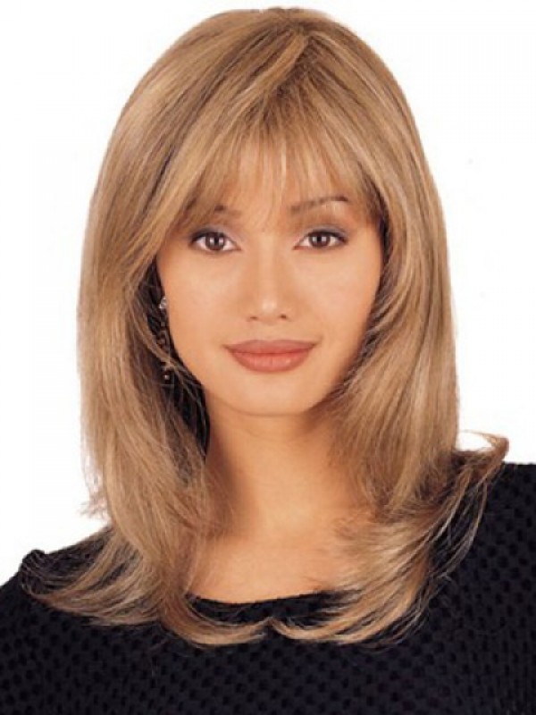 Blonde Lange Rechte Lace Front Remy Mensenhaar Pruiken Met Pony 16 Inch