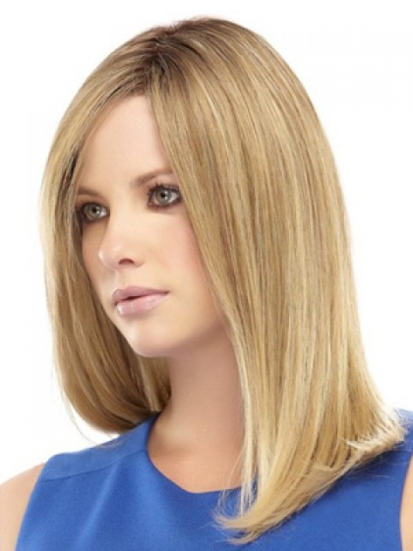 Blonde Lange Rechte Lace Front Remy Mensenhaar Pruiken Met Pony Aan De Zijkant 14 Inch
