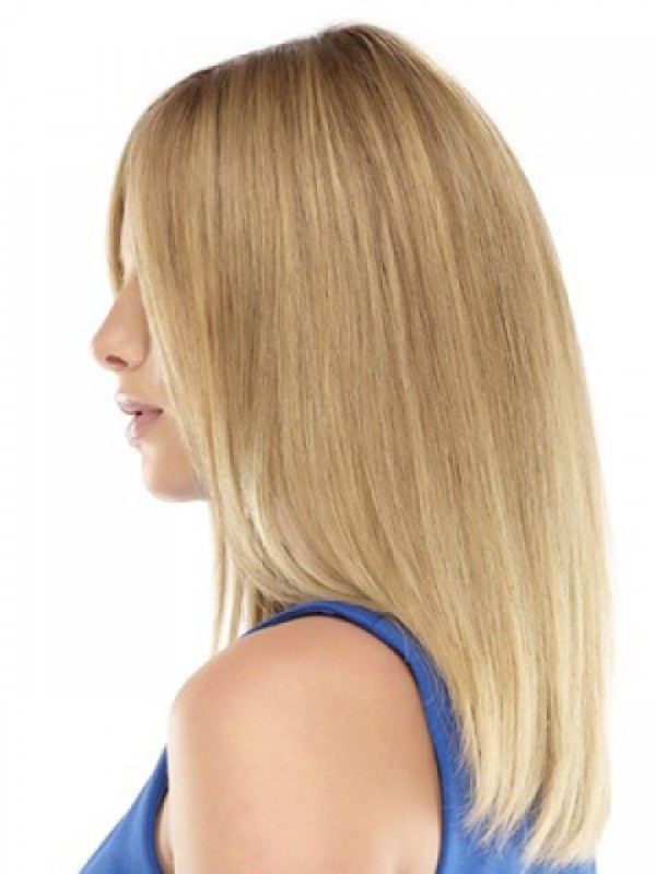 Blonde Lange Rechte Lace Front Remy Mensenhaar Pruiken Met Pony Aan De Zijkant 14 Inch