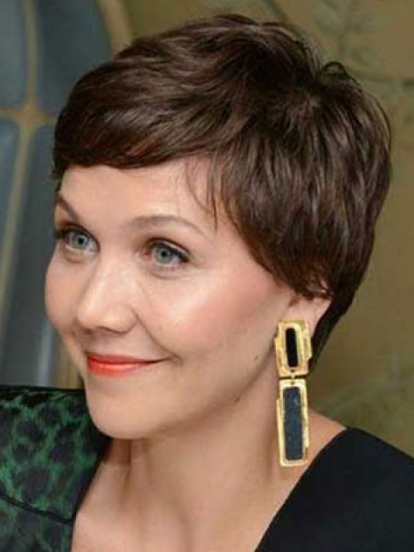 Joan Lunden Brown Boy Cut Rechte Capless Pruiken Van Menselijk Haar 8 Inches