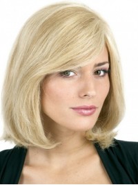 Blonde Bob-Stijl Korte Rechte Kaploze Pruiken Van Echt Haar Met Pony Aan De Zijkant 12 Inch