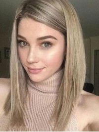 Blonde Lange Rechte Full Lace Menselijke Pruik Met Pony Aan De Zijkant 16 Inch