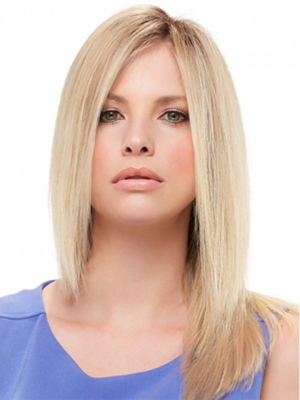 Blonde Lange Rechte Pruiken Van Echt Haar Met Pony Aan De Zijkant 16 Inch
