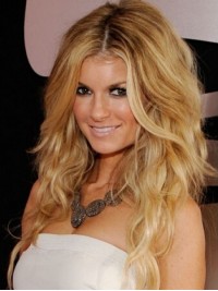 Marisa Miller Blonde Centrale Scheiding, Lang Golvend Remy Haar Pruiken Met Kant 22 Inch