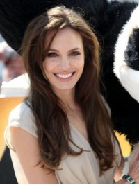 Angelina Jolie Lange Rechte Pruiken Van Echt Haar Met Pony Aan De Zijkant