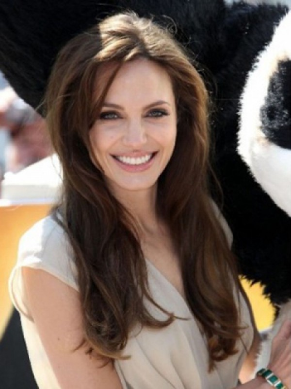Angelina Jolie Lange Rechte Pruiken Van Echt Haar Met Pony Aan De Zijkant