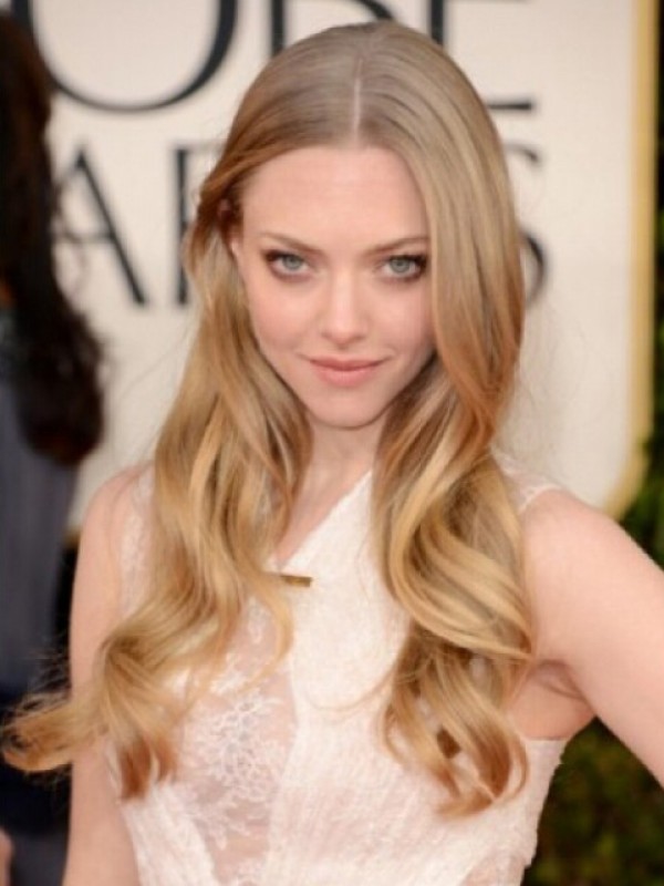 Amanda Seyfried Middenscheiding Blonde Lange Golvende Pruiken Van Echt Haar Met Kant
