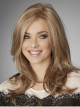 Blonde Lange, Rechte, Golvende Pruiken Van Echt Haar Met Kant En Pony Aan De Zijkant