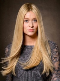 Blonde Middenscheiding Rechte Lange Pruiken Van Synthetisch Kant