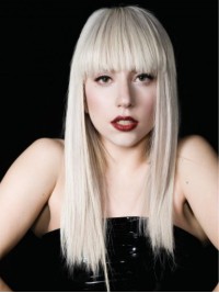 Lady Gaga Witte Lange Rechte Kaploze Synthetische Pruiken Met Pony