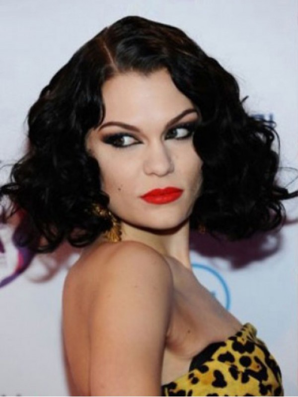 Jessie J Medium Krullende Synthetische Kaploze Pruiken Met Pony Aan De Zijkant