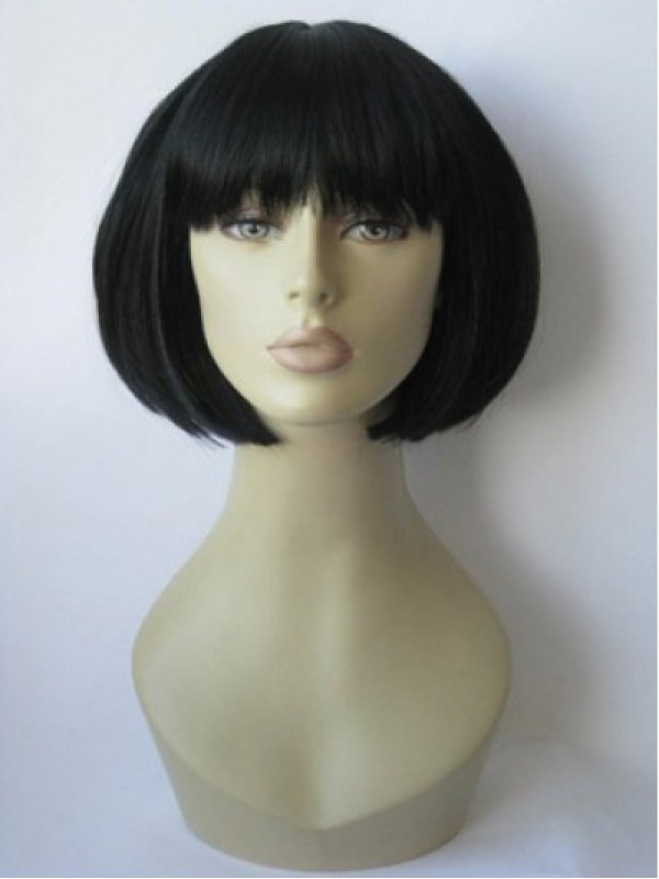 Jessie J Zwarte Bob Stijl Korte Rechte Kaploze Synthetische Pruiken Met Pony