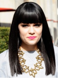 Jessie J Lange Rechte Kaploze Pruiken Van Echt Haar Met Pony