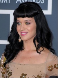 Katy Perry Lange Golvende Kaploze Pruiken Van Echt Haar Met Pony