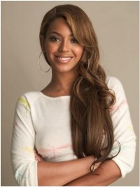 Beyonce Lange Golvende Pruiken Van Echt Haar Met Pony Aan De Zijkant