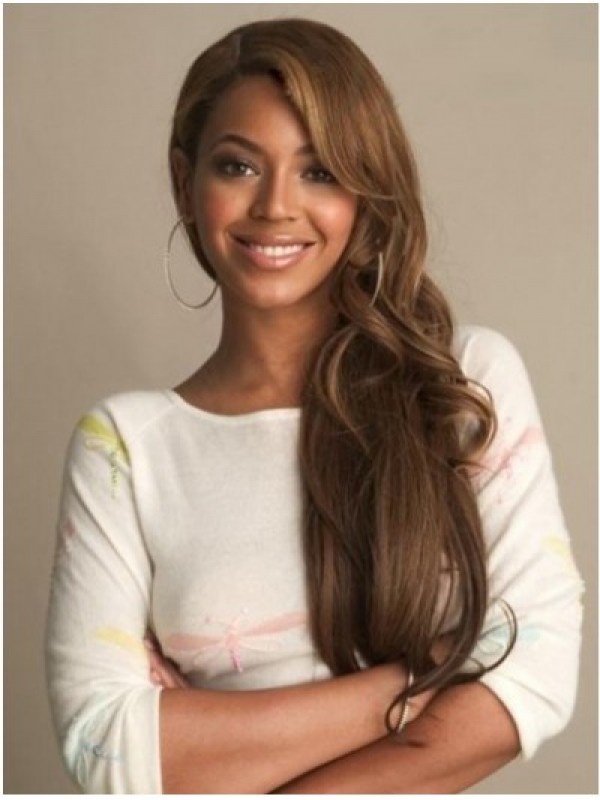 Beyonce Lange Golvende Pruiken Van Echt Haar Met Pony Aan De Zijkant