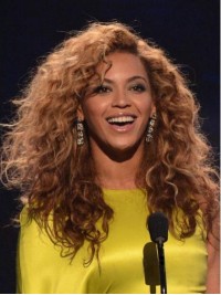 Beyonce Lange Krullende Kaploze Pruiken Van Echt Haar Met Pony Aan De Zijkant