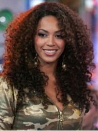 Beyonce Lange Krullende Kaploze Pruiken Van Echt Haar Met Pony Aan De Zijkant