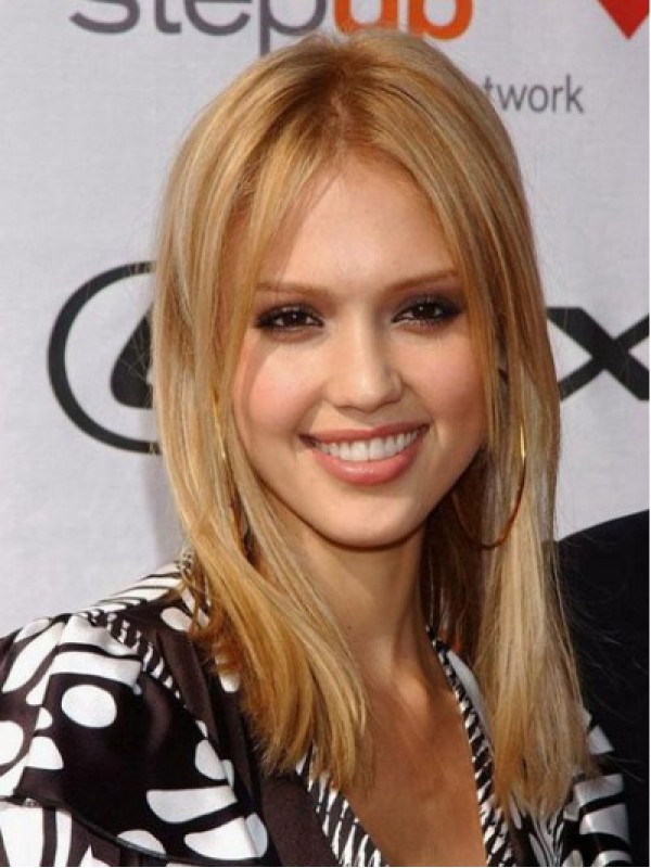 Jessica Alba Blonde Medium Rechte Middenscheiding Full Lace Pruiken Van Echt Haar