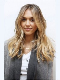 Jessica Alba Lange Golvende Middenscheiding Zonder Muts Van Echt Haar