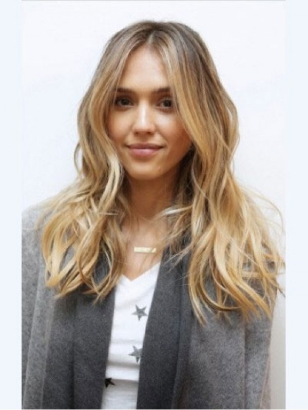 Jessica Alba Lange Golvende Middenscheiding Zonder Muts Van Echt Haar