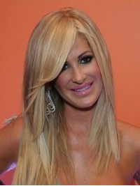 Kim Zolciak Lange Rechte Pruiken Van Echt Haar Met Kant En Pony Aan De Zijkant