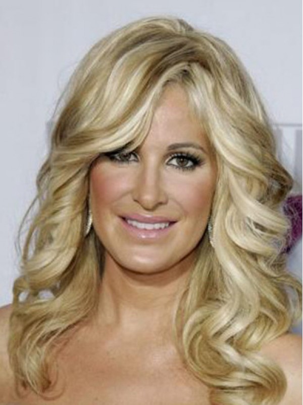 Kim Zolciak Lange Golvende Pruiken Van Echt Haar Met Kant En Pony Aan De Zijkant