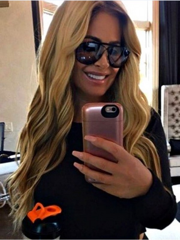 Kim Zolciak Lange Blonde Golvende Synthetische Lace Front Pruik