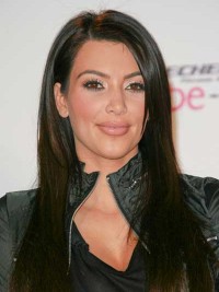 Kim Kardashian Lange Zwarte Rechte Monofilament Pruiken Van Echt Haar Met Pony Aan De Zijkant