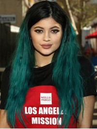 Kylie Jenner Ombre Lange Golvende Pruiken Van Synthetisch Kant Met Pony Aan De Zijkant