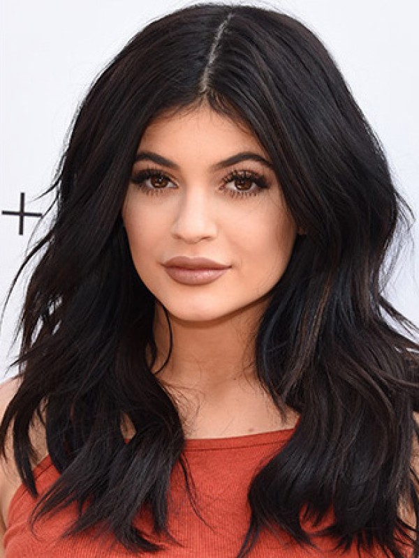Kylie Jenner Lange Zwarte Golvende Middenscheiding Pruiken Van Echt Haar Met Kant