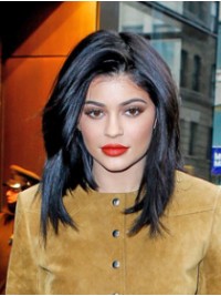 Kylie Jenner Medium Zwarte Rechte Kaploze Synthetische Pruik Met Pony Aan De Zijkant