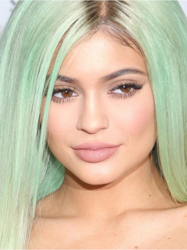 Kylie Jenner Lichtgroene Rechte Lange Kaploze Synthetische Pruiken Met Pony Opzij