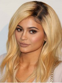 Kylie Jenner Blonde, Golvende, Lange, Kaploze Synthetische Pruiken Met Pony Aan De Zijkant
