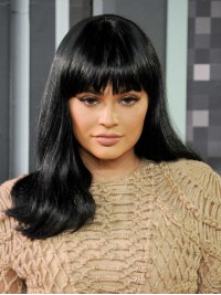 Kylie Jenner Zwarte Lange Rechte Pruiken Van Mensenhaar Met Pony