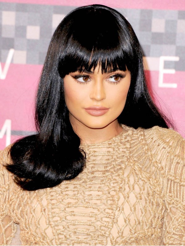 Kylie Jenner Zwarte Lange Rechte Pruiken Van Mensenhaar Met Pony