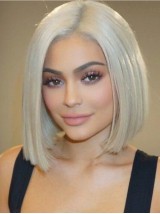 Blonde Korte Rechte Bob-Stijl Synthetische Pruik Met Kant En Pony Aan De Zijkant 10 Inch