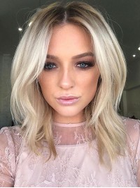 Gelaagde Blonde Middenscheiding Korte Rechte Kanten Pruiken Van Echt Haar 9 Inch