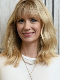 Blonde Lange Golvende Kaploze Pruiken Van Echt Haar Met Pony 16 Inch