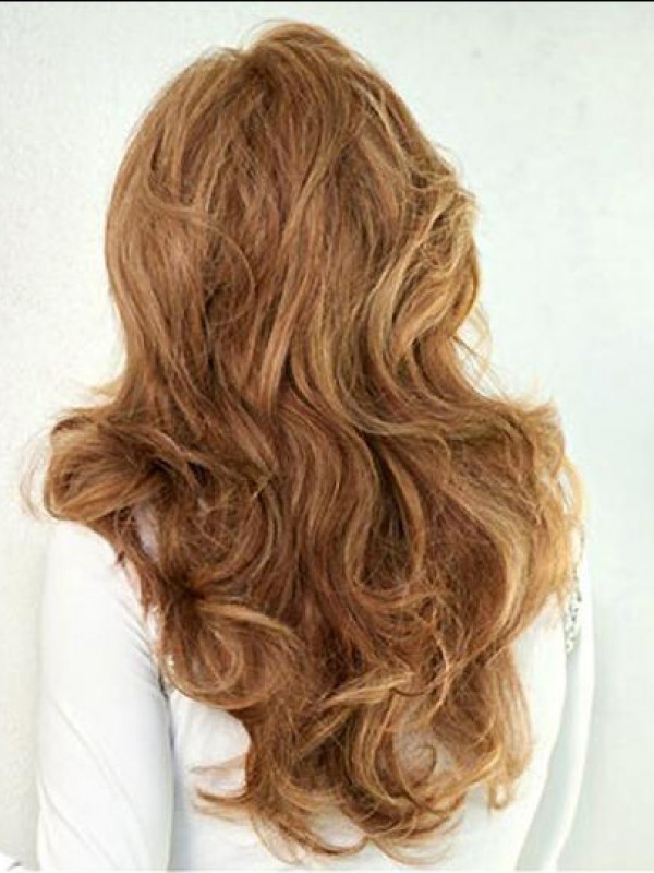 Lange Golvende Bruine Monofilament Pruik Van Echt Haar 20 Inch