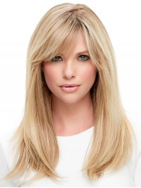 Lange Rechte Blonde Pruiken Van Echt Haar Met Kant En Pony 18 Inch