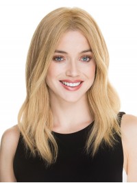 Gelaagde Middenscheiding Lange Rechte Blonde Pruiken Van Echt Haar Met Kant 16 Inch