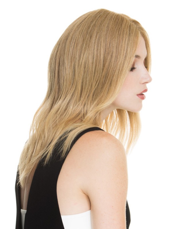 Gelaagde Middenscheiding Lange Rechte Blonde Pruiken Van Echt Haar Met Kant 16 Inch
