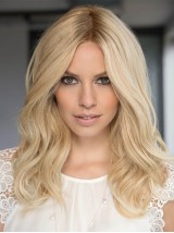 Centrale Scheiding Lange Golvende Blonde Monofilament Pruiken Van Echt Haar 18 Inch