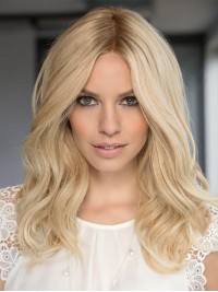 Centrale Scheiding Lange Golvende Blonde Monofilament Pruiken Van Echt Haar 18 Inch